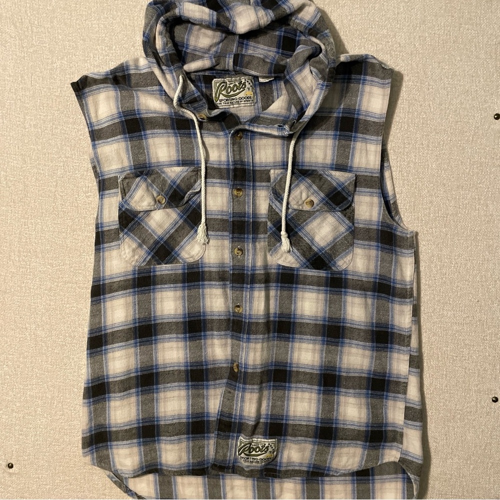 Roots Hooded Plaid Flannel Vest with Blue Accents 2XLT